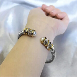 Twisted Cable Cuff Bracelet Silver & Gold Tone Crystal Ends Open Bangle NWT